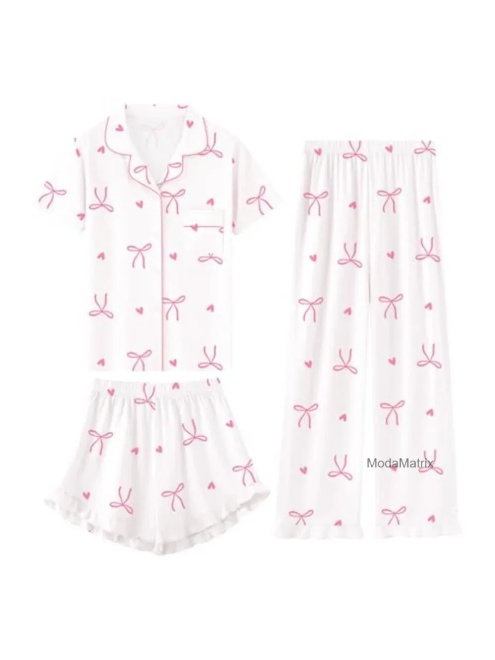 Girls 3 Piece Pajama Set Button Down Short Sleeve with Pants and Shorts